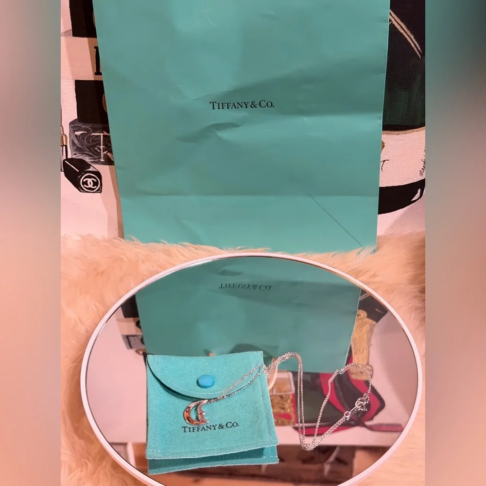 🔥 TIFFANY & Co. CRESCENT MOON PENDANT NECKLACE By PICASSO 925 SILVER w/ Pouch